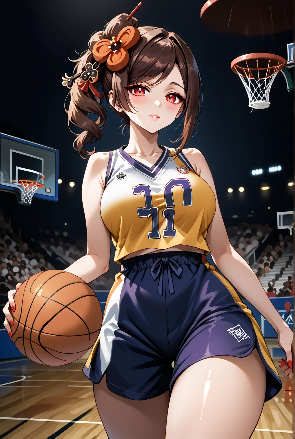 Masterpiece: 1.2, best quality), realistic, (real picture, rich details details, depth of field), (1girl, solo), makeup, cleft lip, high detail, perfect face shape, (big breasts: 1.4), (skin dentation), thick thighs, wide buttocks, Thin waist, tall, coral, red lips, red eyes, ponytail, (((((basketball girl, transparent yellow basketball suit)))), (sweat: 1.2), (wet), sexy, blush, (lace stockings, choker, high heels: 1.2), slender legs, beautiful legs