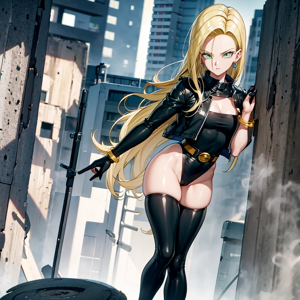 Anime style image of a beautiful woman with blonde hair, straight and short.blue eyes, fair skin, delicate appearance, smiling, reddened lips, small breasts, big ass, thin waist and wearing a gray cropped and a black leather pants. Full body