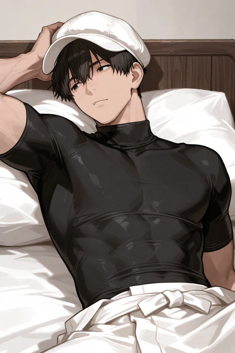 1male, black tactical outfit, lying on a bed, resting, bare torso, unbuttoned, bare male chest, muscular male, black modern helmet, closed face, NSFW, erotic, ecchi, (anime style:1.3)