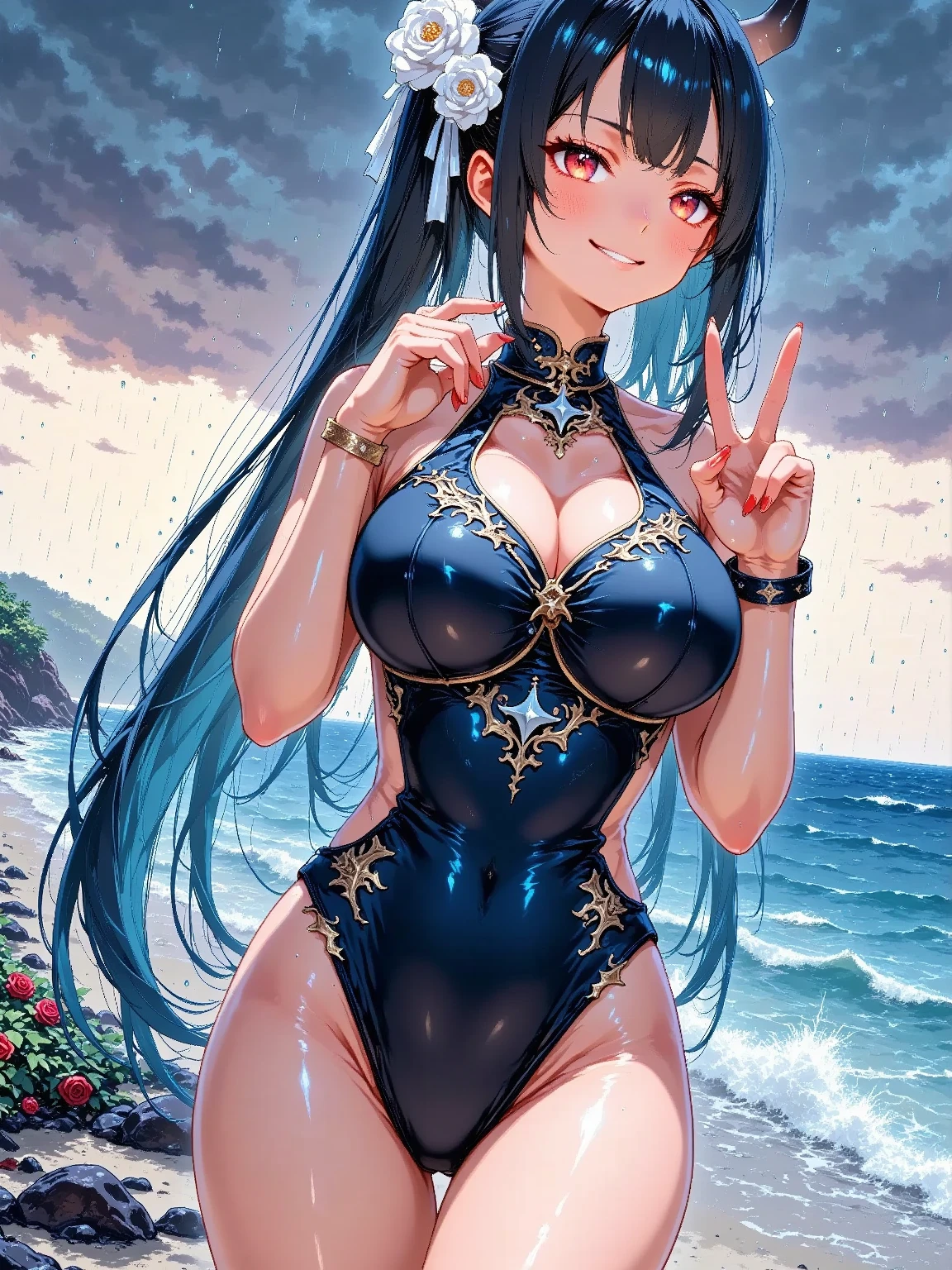 Tang Wutong, big boobs, wearing a sideboob revealing swimsuit, beach