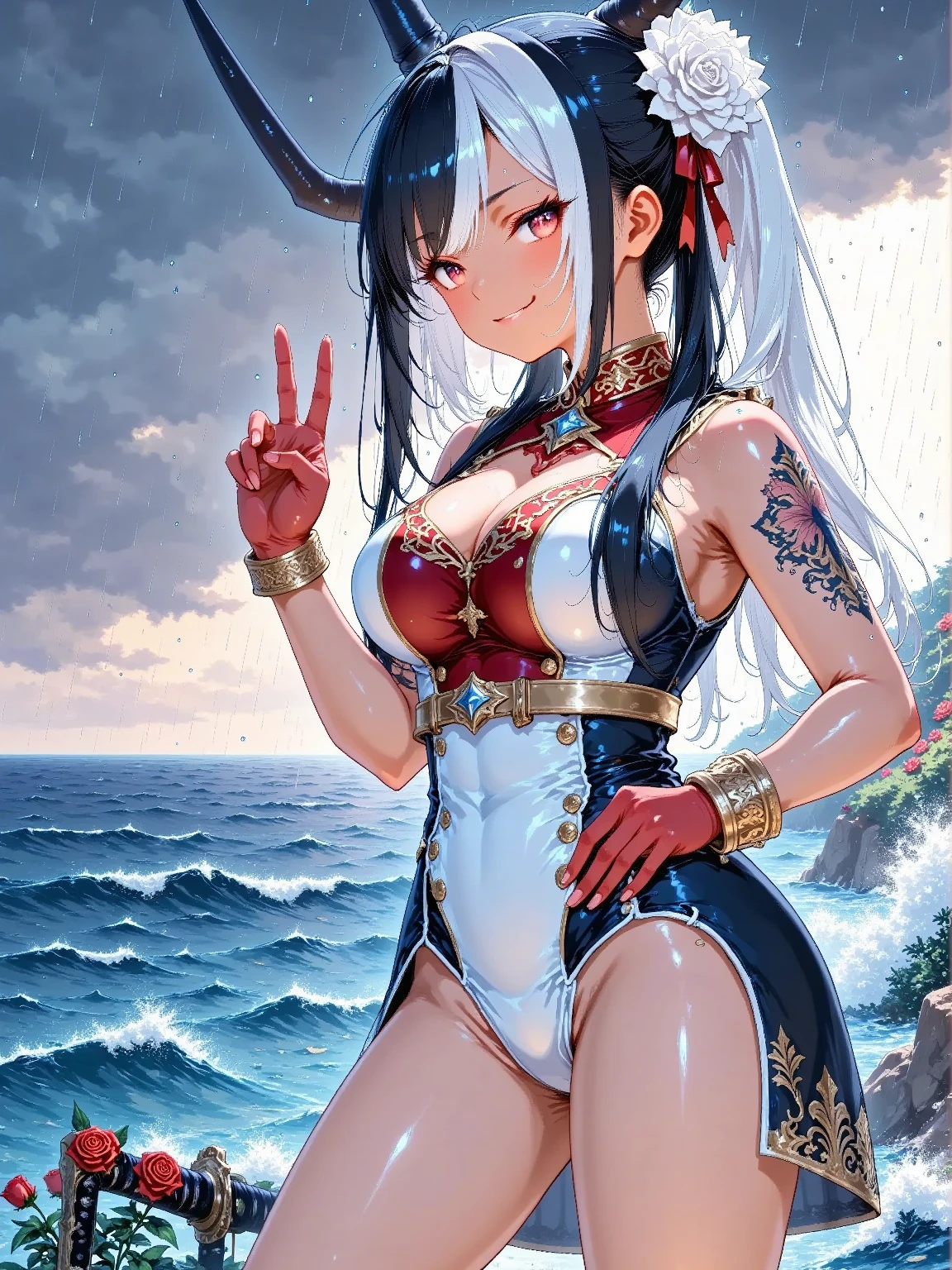 text, Highest quality, masterpiece, 4K, Absurd resolution, Ultra-high resolution, 8k, , , Bright colors, , Vibrant color palette, Great studio lighting, Very detailed, , , BREAK , YamatoV2(one piece), sexy Pose, Perfect body skinny,, Beautiful Lips, , , sexy, horn(Wrapping , Left and right pair, multicolo Red), large breasts , Cleavage, Slim waist, smile, Torn clothes, Loincloth, , , Bright colors, ,The clothes are see-through , full-body, dynamic angle, (background is Japanese Castle)