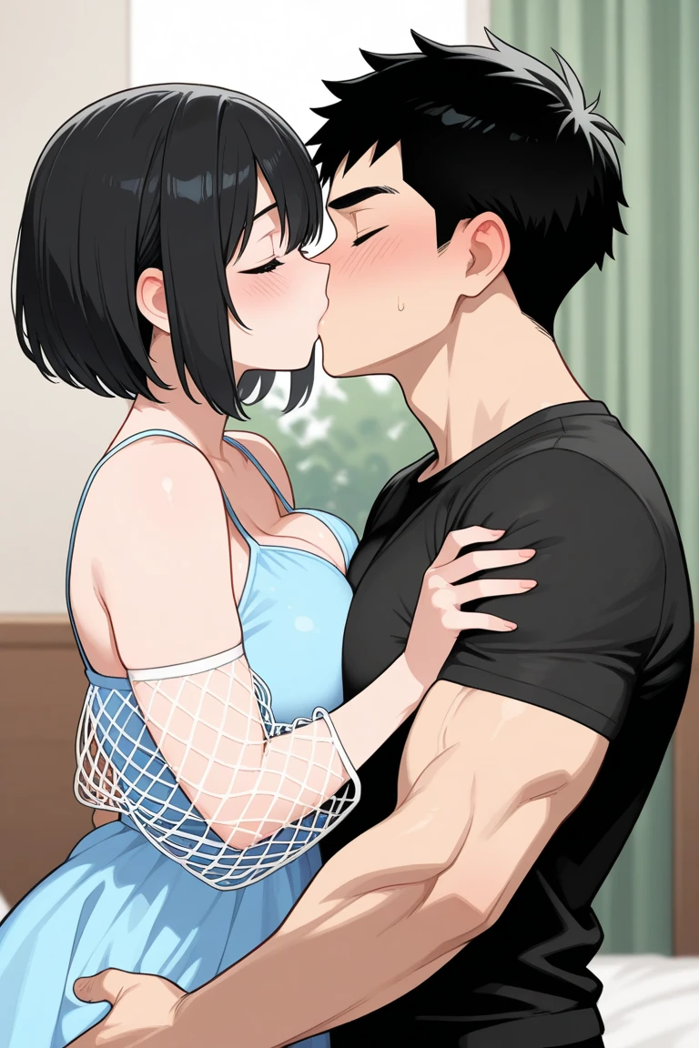 1middle age man, wrinkle face, black hair,bangs swept to the right side, Middle aged man behind girl, touching chest, breatsgrope from behind, grab, (((pressing her boobs)))),chestgrab behind back, removing bra, hold bra, hug back, hugging, neck kiss, 1girl, black hair, long hair, brown eyes, yellow short sleeve, cleavage, white bra, white pants, cute, open mouth, full body, cowboy shot, masterpiece,rape, blushing, bedroom, curtains,lamp, sit on bed,