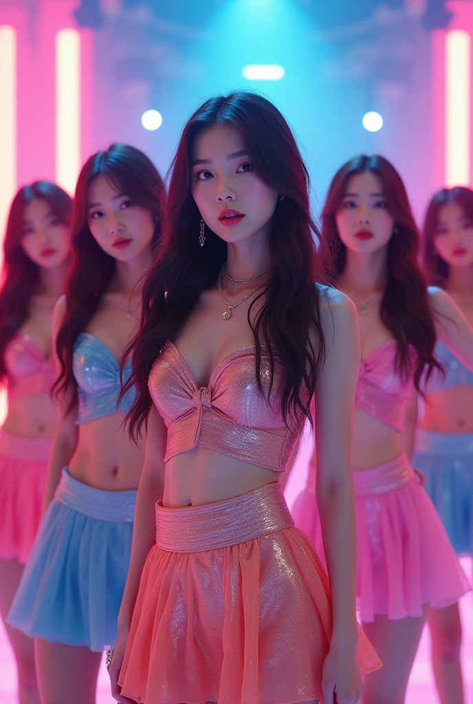 best quality, Clarity, 4k, 8k, detail, actual K-pop stars, ((group photo:1.5)), 5 K-pop superstar brides 22 year old ultra sexual angelic and incredibly gorgeous supermodel bride Girls standing together, (Korean makeup:1.3), Red lips, high quality hands, pink and blue hair, Perfect body, sexy thigh highs, seductive pose standing, FF cupped large breasts, glistening skin, Graffiti crop top, Deep cleavage, cute Checkered striped bridal mini skirt, standing in a K-pop church 