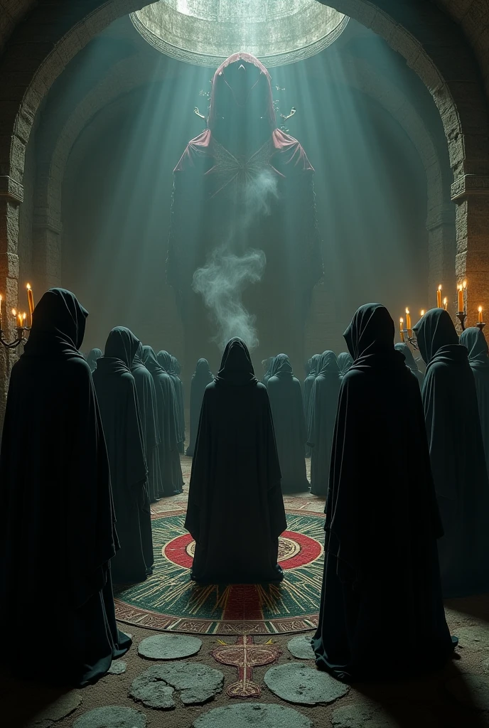arafed image of a group of people in black robes standing in front of a red altar, occult robes, black robes, wearing dark robes, dark robes, wearing black robes, in dark robes with gold accents, robed figures sat around a table, wearing black sith robes, satanic ritual, wearing cultist red robe, wearing black medieval robes