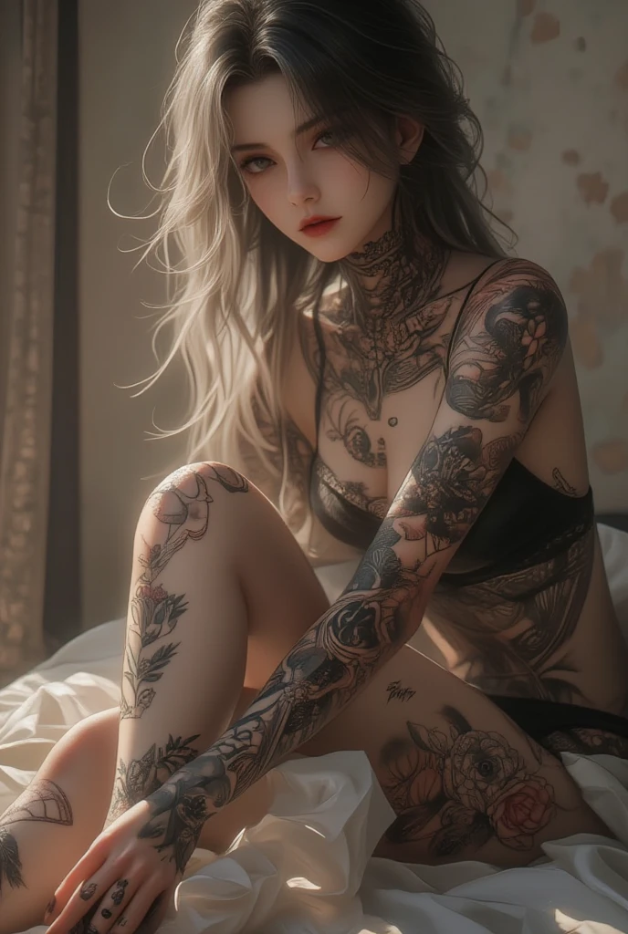 photorealistic, high resolution, soft light,1women, solo, hips up, shining skin, (detailed face),tattoo, jewelry, elegant lace dress, white hair, Beautiful Soldier, Eyes That Invite Viewer, Lover's Perspective, Inviting Expression, Sexy Smile, Perfect Style, Perfect Balance, Detailed Skin, Naughty Gaze, Chest Visible