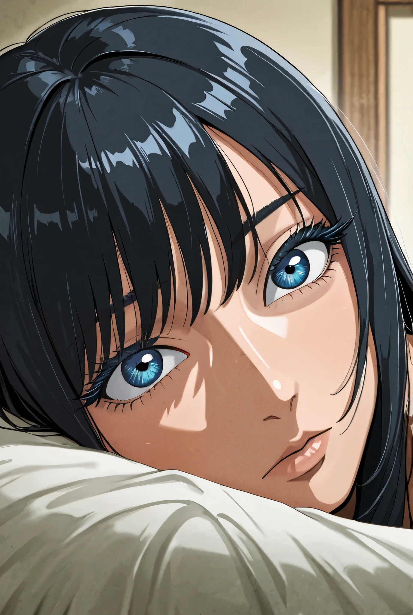 In the foreground is a beautiful adult girl, has straight black shiny hair, soft facial features and rounded facial features, big blue eyes with fluffy eyelashes. In the background, a young man with a beard, he has short black hair, eyes are tired and serious dark green.
