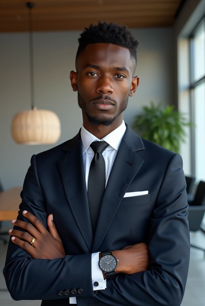 Homme africain, cinquantaine, petits yeux, Slight smile, cheveux gris, costume, devant ordinateur, image commerciale, Realstic, photo HD, high resolucion, costume, chemise, cravate, bureau, ordinateurs, costume noir, chemise bleue, cravate, rouge, cravate motifs africains, mains sur bureau, elderly;