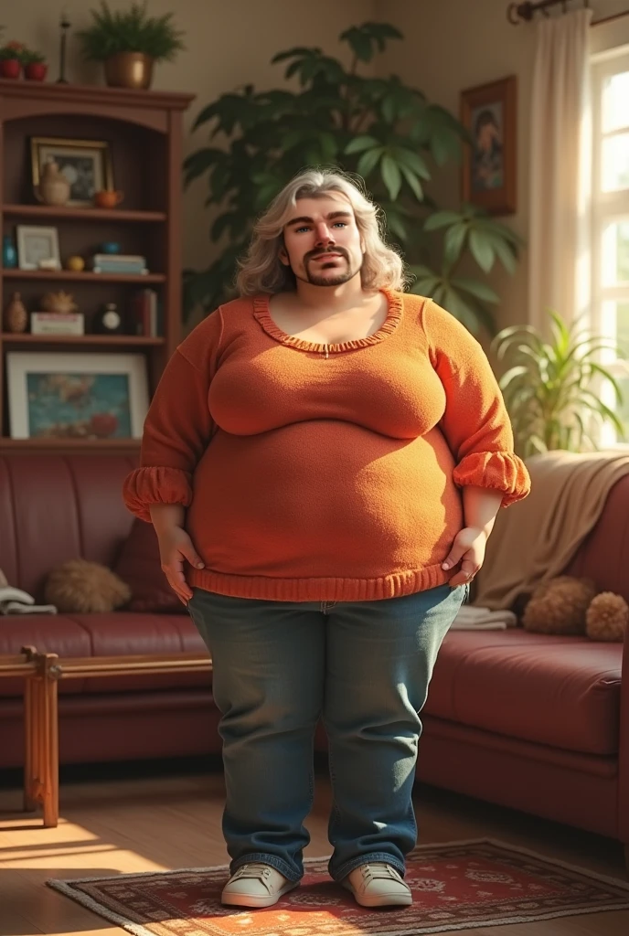 Extremely obese Asian woman with a full beard and red lipstick
