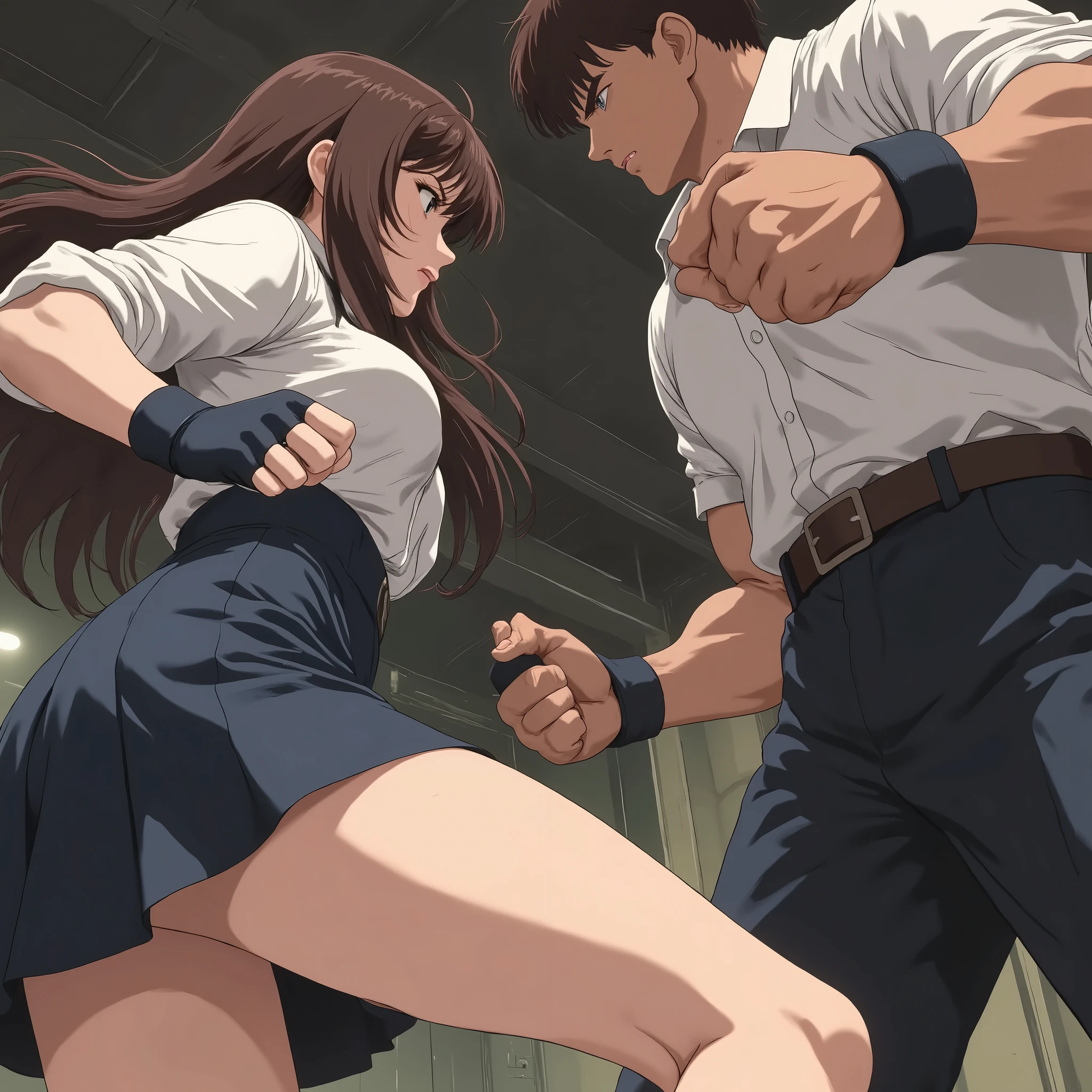 (masterpiece, Top Quality:1.2),low angle。 Active Angle。1 girl, 1 boy ,fight、woman in pencil skirt。Female criminal。woman in blouse。combat posture。Women's Crisis。Women's Disadvantage。,face to face。Fighting,full body、hand,perfect hand。from below ,
battle of the sexes,handfixer. thug 。Giant。ヘルメットを被った thug 。egmid
80sanime