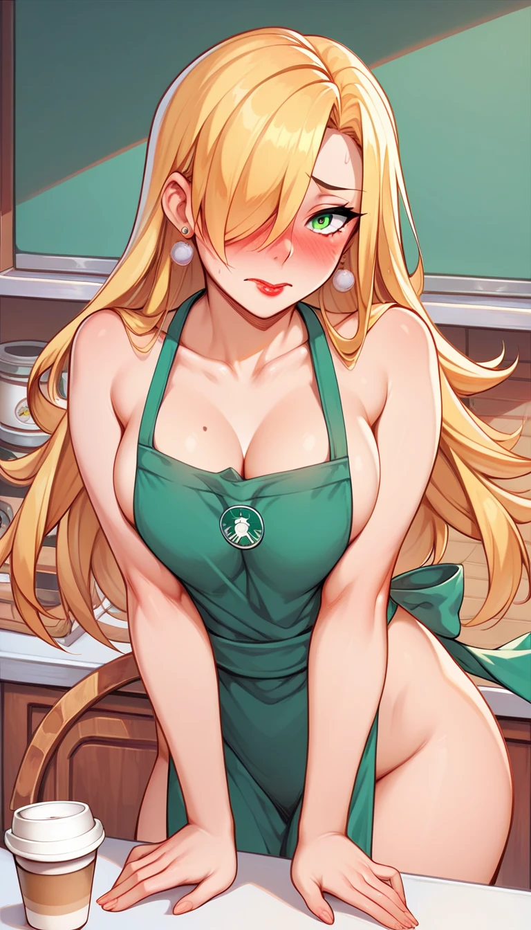 1girl, solo, 16 years old, loose blond hair, wearing velvet red leggings and green sweather, sitting on a chair in classroom, crossing legs, smiling embarassed, side view, bare forehead, hooked nose, puffy cheeks, small breast, alluring, flirty, confident, scornful look, malicious smirk, detailed face, detailed yellow eyes, detailed irises, thick fleshy lips, medieval, high res, best quality, ultrasharp, 8K, cinematic, green wall behind