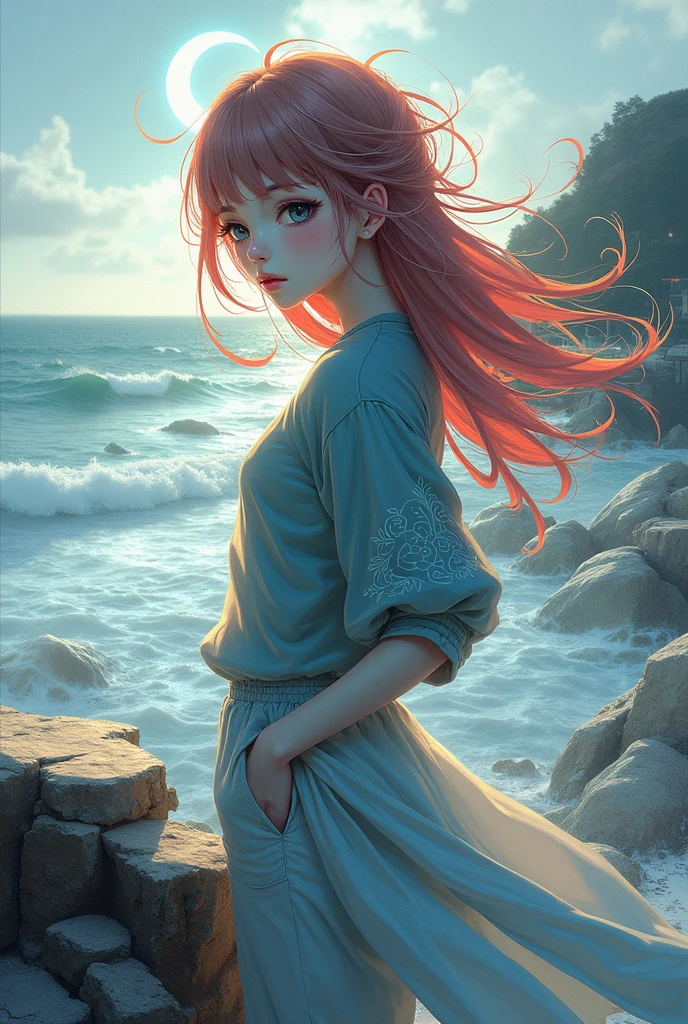 (best quality,4k,8k,highres,masterpiece:1.2), ultra-detailed, realistic:1.37, vivid colors, HDR, beach, crying gal, hugging her knees, shedding big tears, long wavy hair, sad expression, soft sand, crashing waves, warm sunlight, ocean breeze, seagulls playing, beautiful sunset reflection on water