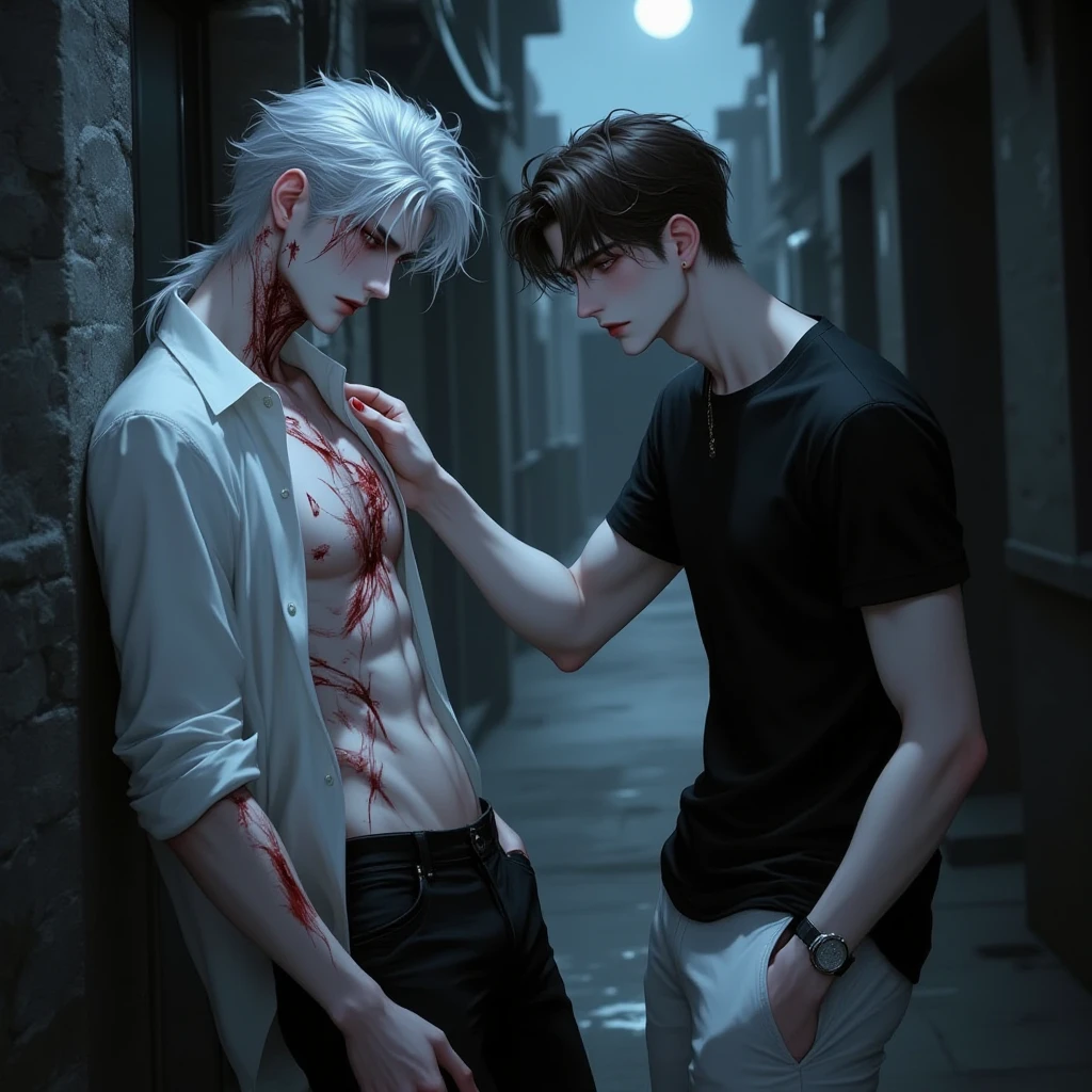a male angel and a male demon turned away from each other, locked into a cage. The angel has blood hand prints on his skin.