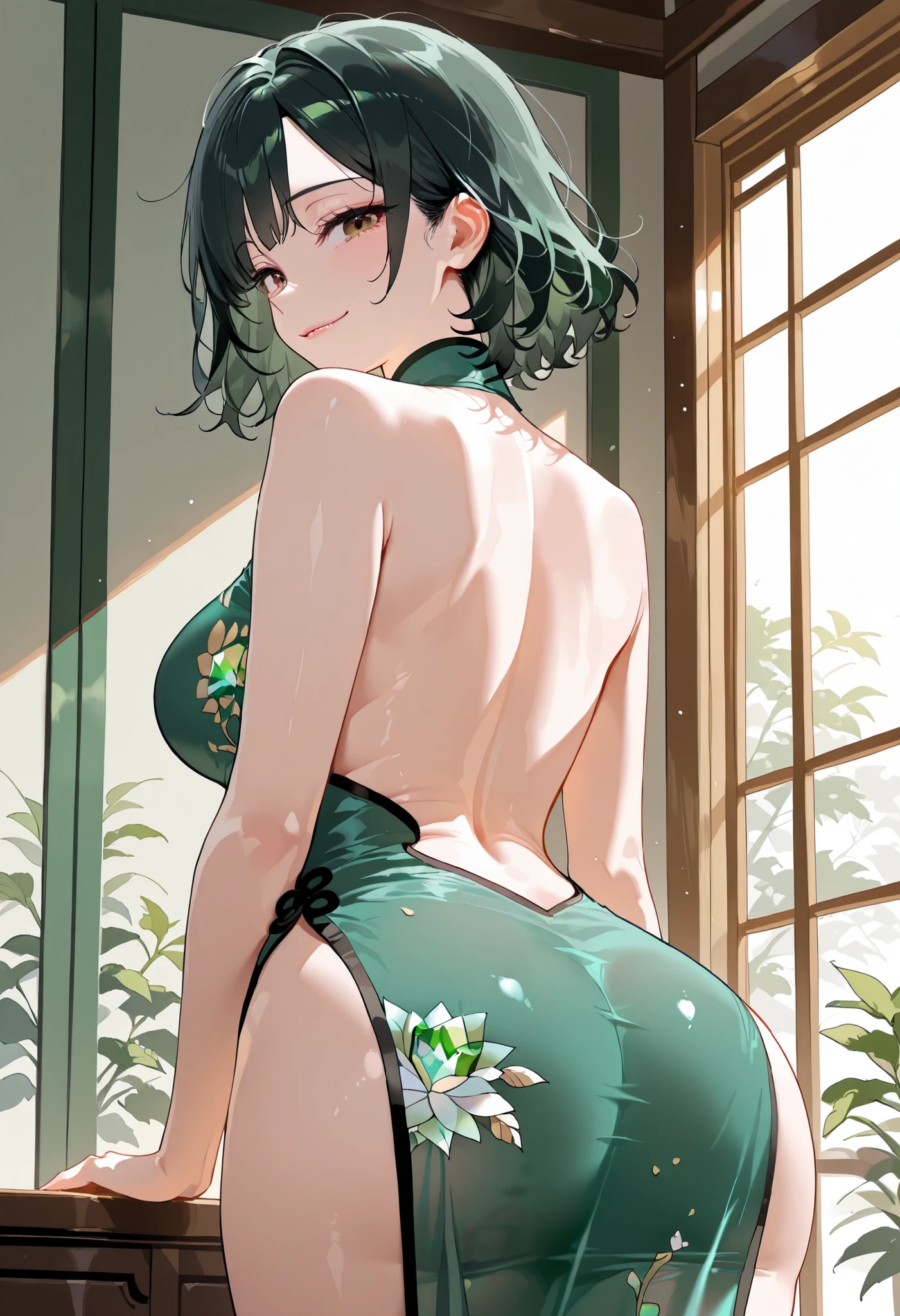 (Masterpiece, High Quality, Top quality, High-Detailed, Detailed CG, Cinematic Shadow, Cinematic Scene, Beautiful Detailed Eyes, Ultra Resolution, Depth of Field), (Character: maomao (kusuriya no hitorigoto)), Looking At The Audience, Looking Down, Looking At The Audience Below, (Blush Expression:1.2), (Small Expression:1.2), (SFW:1.2), (Dark Green Hair), (Two Strands of Hair Frame and are adorned with 2 beads each), Hair Ornament, Hair bun, Purple Eye, Five Fingers, Good Composition, Arms, Thighs, Small Breasts, Hips, Night Times, Midnight, Blur Background, Chinese Architectures.