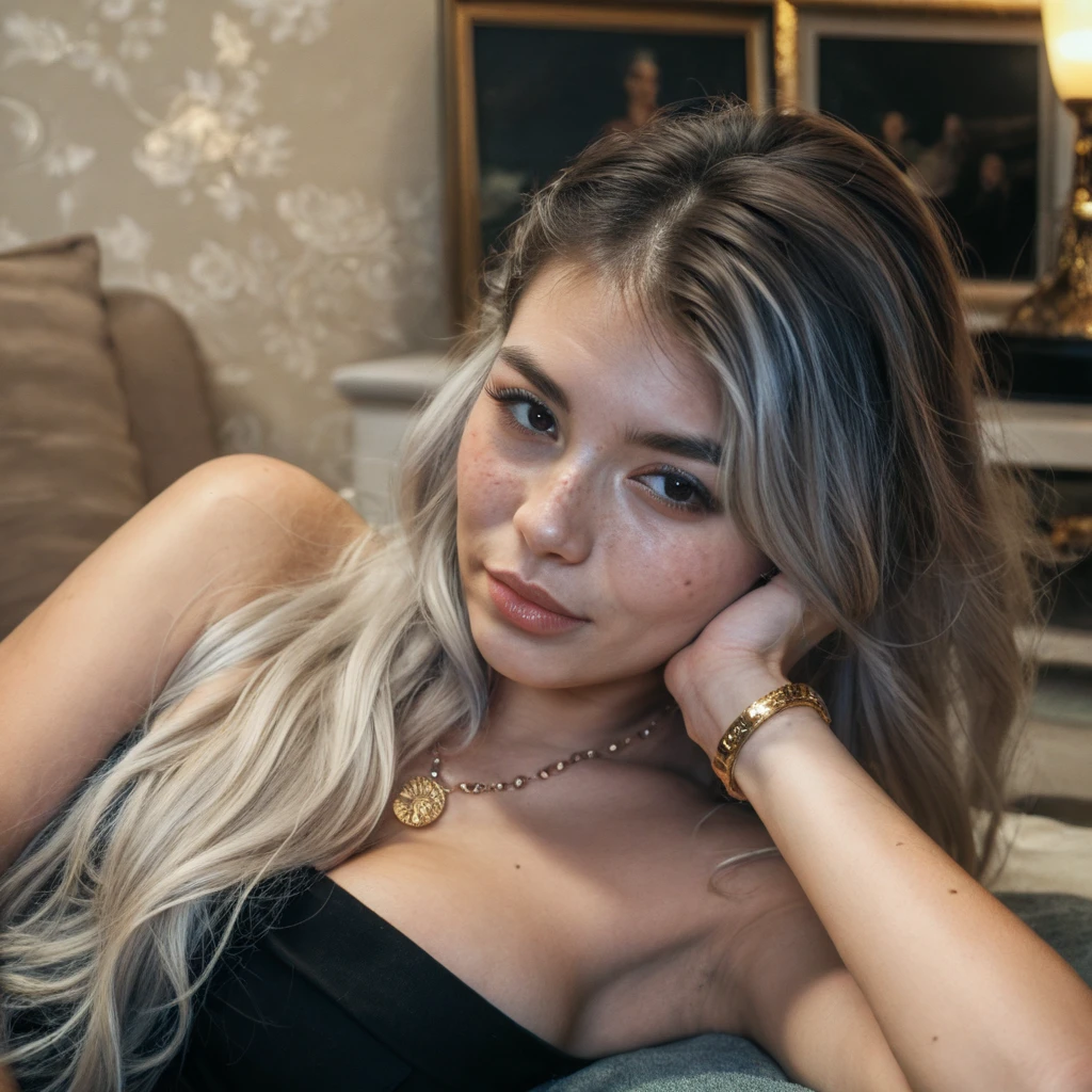 A 28-year-old blonde woman with long hair, Detallado, 85mm, cuerpo completo, fondo en habitacion de color claro, usando vestido negro,