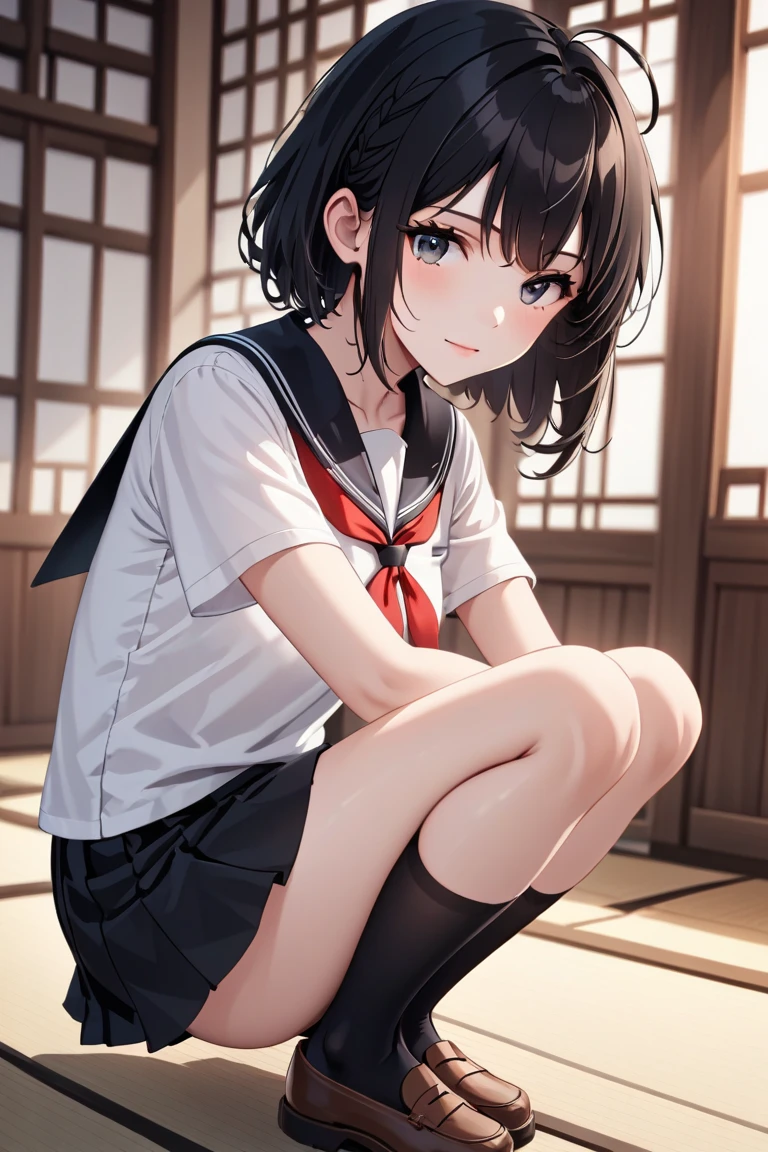 ((Highest quality,4K,Super detailed)),One Girl,age Girls,Japanese students,,((Gal,Gal,bad)),Bronze Hair,(Side Ponytail),Scrunchies on the wrist,Earrings,Brown skin,Sunburned skin,(Japanese students服,Sailor suit,Navy blue sailor suit),(Short skirt,Pleated skirt),(Crouching posture,Camel Toe,Leg spread,Showing off your underwear:1.3),Sweat-proof skin,Sweat,Water Drop,Disdainful gaze,((Photographed from below, looking up)),(Staring at the photographer),(loose socks,White loose socks,Below-the-knee loose socks:1.3),classroom,School classroom,((Super detailed underwear))