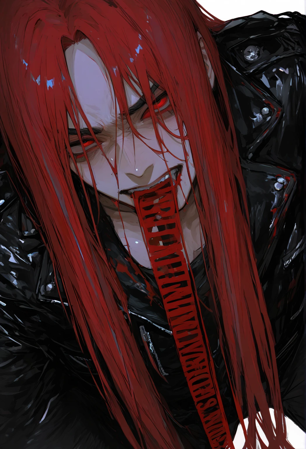 Hombre de cabello rojo, piel blanca, ropa roja de los 90, locked in a prison, con cadenas en su cuerpo, completely alone with 5 voodoo dolls