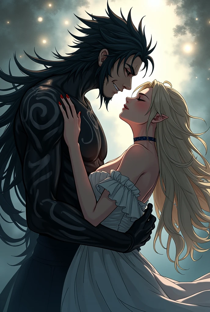 A monster fell in love with a blonde princess holding ass to each other and crying with tears of Joy in anime make the monster more handsome Make the monster human like make the monster younger image is black and white