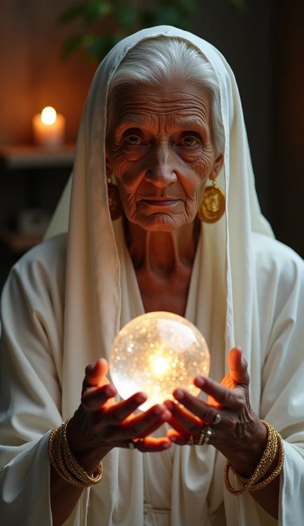 An elderly dark-skinned woman with a wise look and serious expression ...