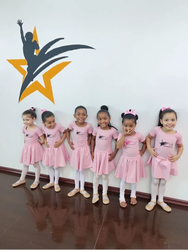 A group of five italian 10 years old Little girls , standing, barefeet, black yoga pants,  smile, classroom, whiteboard