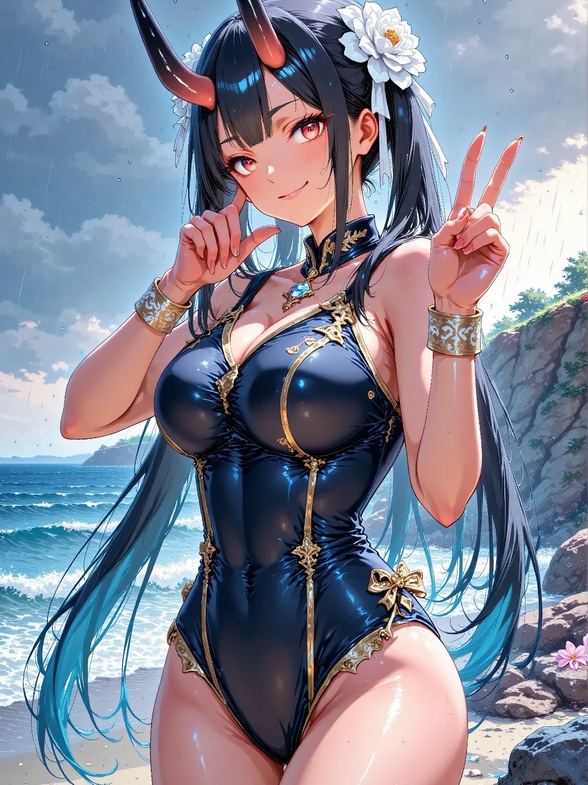 Near Mint,Blue clothes,alone, Low light, Chun-Li Masterpiece, Highest quality, sour, Grey sweater, Black leotard, Are standing, View your viewers, Black Hair,anger,smile,sunset,lake, Water reflection, sunset