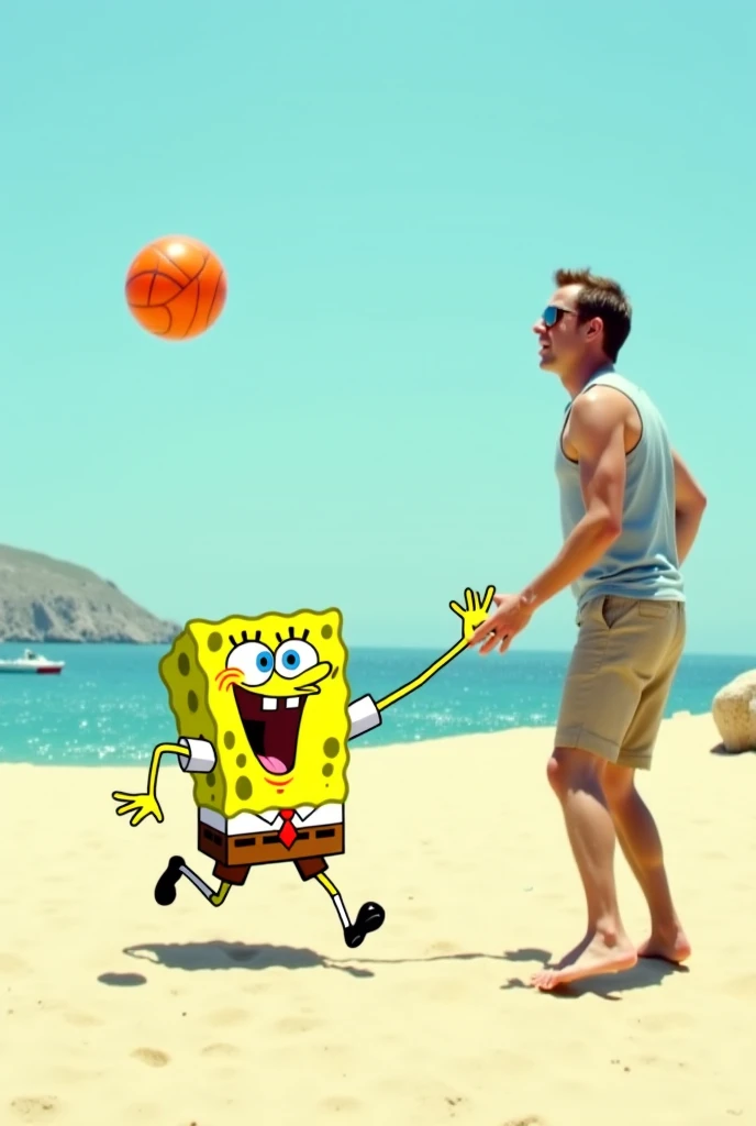 Imagine SpongeBob, the energetic yellow sponge, dashing across a sandy beach court, gripping a bouncy ball with his tiny hands while laughing in his signature high-pitched voice. Beside him stands Brad Pitt, tall and effortlessly cool, wearing sunglasses and an unbuttoned shirt as if he just walked out of a summer blockbuster. SpongeBob passes the ball with unexpected agility, and Brad Pitt catches it smoothly, executing a movie-perfect move before launching it with force. The ball bounces off a rock, knocking SpongeBob over as they both burst into laughter. The sun glistens above them, the ocean sparkles in the background—like a scene from a comedy film that was never made!