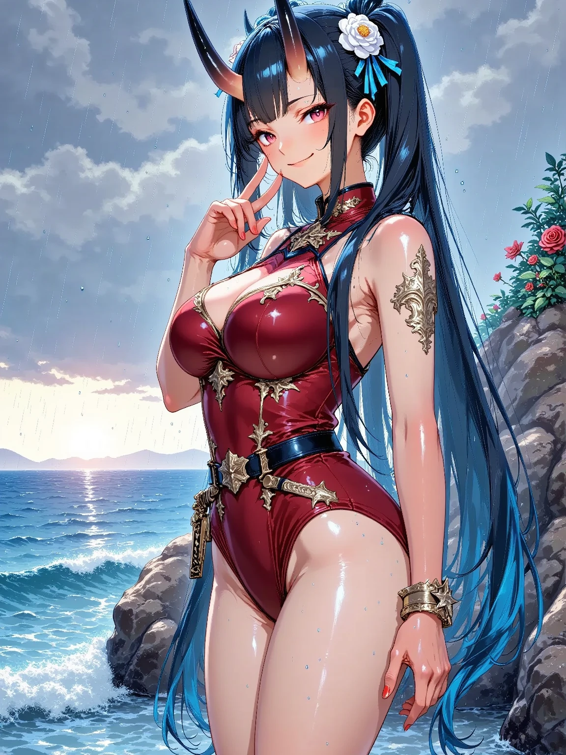 Anime - Style image of a sexy woman in a black bikini and a red cape, seductive anime girls, Extremely detailed Artgerm, Range Murata and Artgerm, beautiful and seductive anime woman, black-haired mage, IG model | Art germ, Guviz-style artwork, Style Artgerm, in a bathing suit
