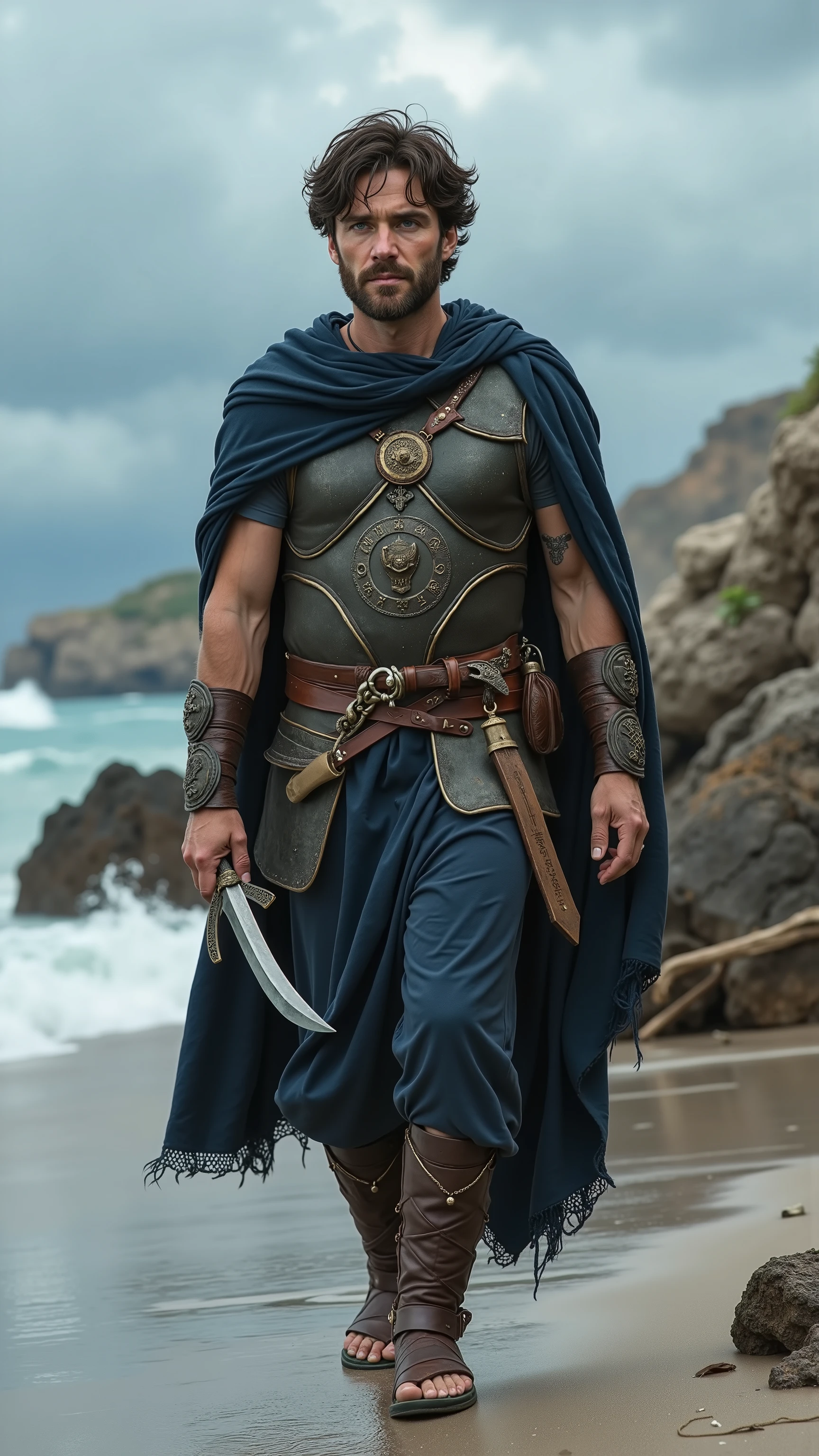 Cillian Murphy reimagined as Odysseus walking and holding a xiphos sword、dramatic atmosphere, 1 male、
Short, tousled dark brown hair, piercing ice-blue eyes, and a narrow, sharp face marked by weather and wisdom. A faded scar crosses his left cheek, and a short, uneven beard lines his jaw. His gaze is focused, restless—always calculating.
He wears a lightweight bronze cuirass with sea-worn patina, engraved with waves, ship prows, and the owl of Athena at its center. A deep blue, salt-stained cloak is fastened at the shoulder with a round bronze brooch shaped like a ship’s helm. Beneath the armor is a dark tunic tied at the waist with a leather belt holding a small dagger and a pouch of scrolls. His greaves are lean and practical, strapped over worn leather sandals suited for travel across both land and deck.
He carries a curved xiphos sword with a weathered bone hilt, its sheath wrapped in faded blue leather. A coiled rope and small bronze astrolabe hang from his belt. His left wrist bears a leather cuff engraved with the names of lost crewmates.
,shows his male character's full figure, athletic body, perfect face, full body, extremely beautiful, god, male shape, perfect anatomy, The background shows a storm-worn coastline with the remains of a broken ship beached behind him. Jagged rocks rise from the surf, and the sky is filled with fast-moving gray clouds. In the distance, unfamiliar isles loom across rough waters. Pieces of driftwood and shattered oars lie scattered along the wet sand as waves crash nearby—another trial waits just beyond the shore. Blue sky, sunny day, photorealistic, masterpiece, realistic, high contrast, 8k, HD, high definition detailed, detailed, hyper detailed, realistic skin texture, best quality, ultra high resolution, hyper realistic, no text, very detailed eyes, dramatic lighting