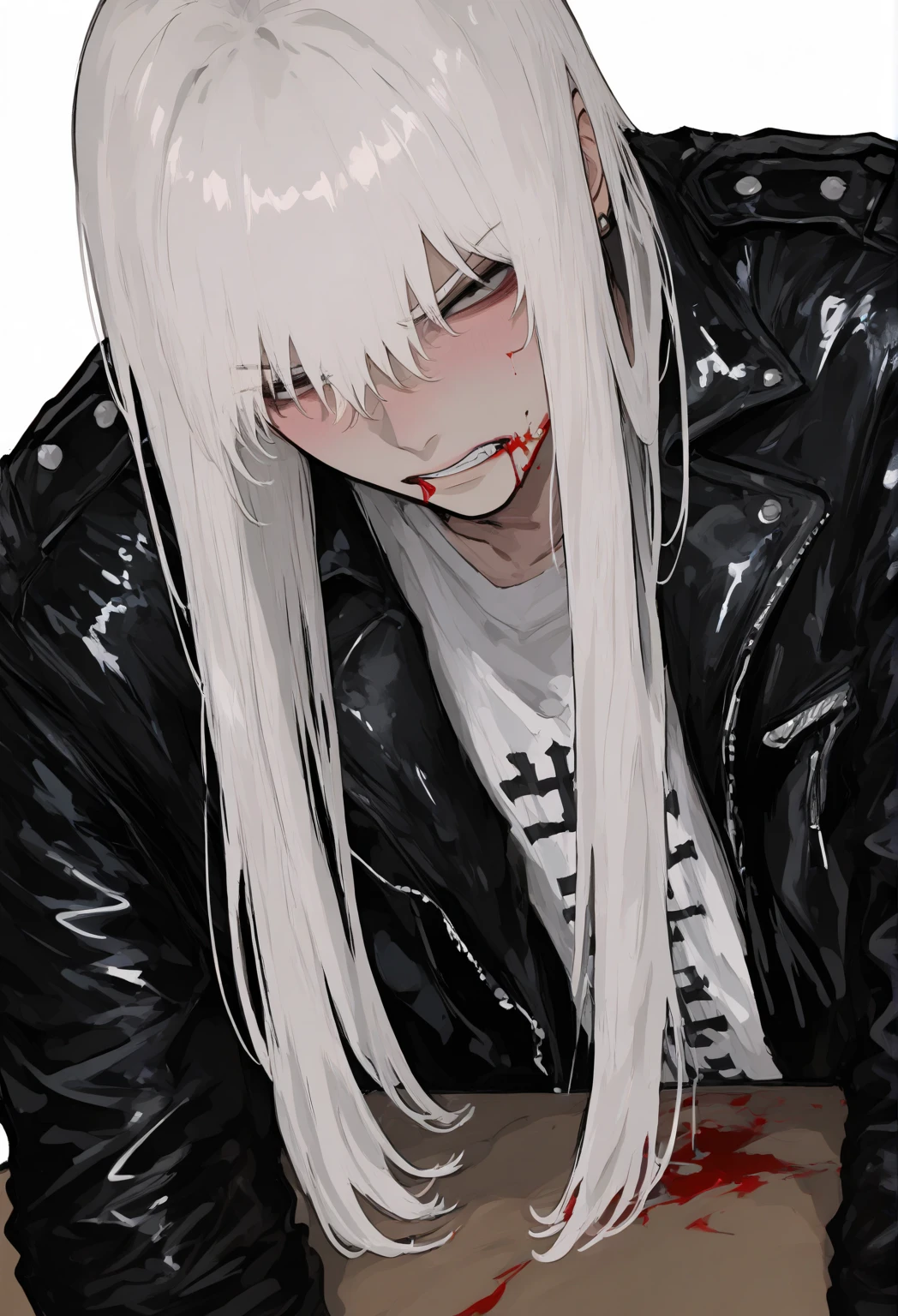 boy, white hair, long straight hair, red eyes, wild smile, sharp teeth, pointed ears, beige skin, white sweater, black cargo pants, red tribal tattoos, facial red tattoo, feather necklace, high quality, high details, 4K, anatomically correct