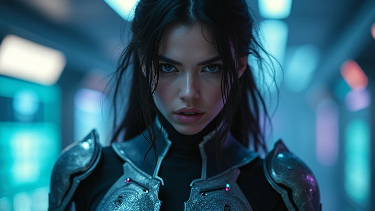 Professional portrait in cyberpunk style, thigh-high photo, one woman, metal skull, scar on face, metal torso, metal arms, old rusty armor, night city, neon lights, eye contact, looking at viewer, masterpiece, best quality, perfect detail, perfect face detail, perfect eye detail, perfect skin detail, depth of field, perfect lighting