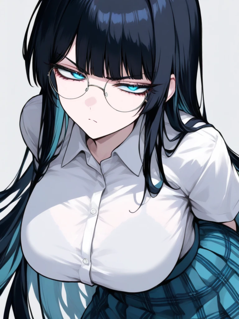 (Ultra detailed skin), pale skin, (super thin hair),(ultra soft hair),(ultra straight hair:1.5),Swept long bangs,black,Hair over one eye,blue eyes, glasses, black, straight and silky defined hair long white t shirt until thighs, (White shirt, naked lower body, torn, mid-chest torn shirt, no underwear, shirt covers , nsfw manga, evil blue eyes, greyscale, glowing eyes, power, black and white
