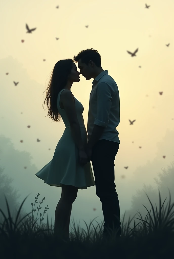 A memory-like scene where two silhouettes slowly approach each other, and the effect of the moment of coming together unfolds.