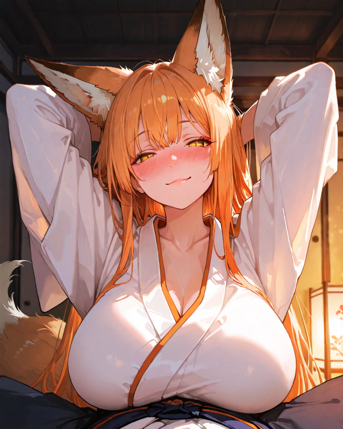 Kudamaki Tsukasa, fox ears, fox tail, hair between eyes, white romper, green ribbon, mountain, sunset, purple sky, smile
(huge breast)