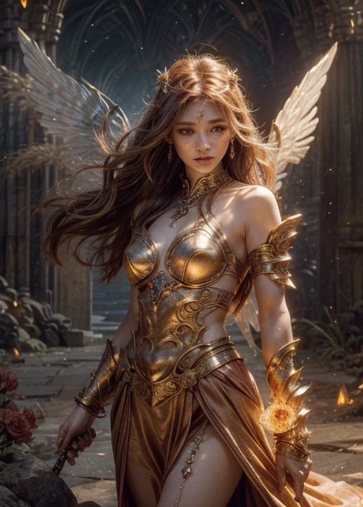 masterpiece, best quality, (Extremely detailed CG unity 8k wallpaper), (best quality), (Best Illustration), (The best shadow), absurd, Realistic lighting, (abyss), Beautiful and delicate light, Peter Moore (Peter Mohr Bacher) Artworks,Oversized wings。Angel Girl,Flying to the clouds,White Cloud,White Cloud,Blue sky。White long skirt,Golden Wings,Send with aperture。