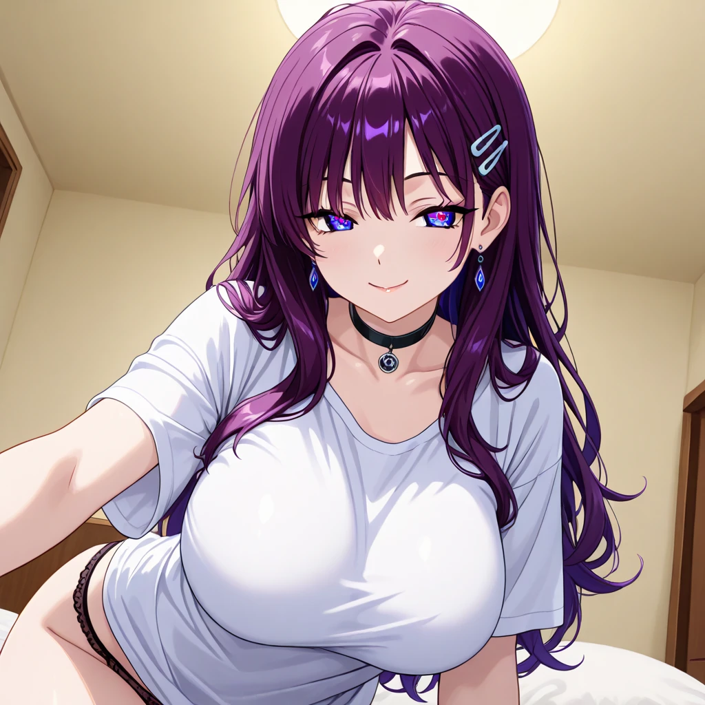 (masterpiece:1.37), best quality, (extremely detailed:1.37), woman, (adult:1.5), (very long hair:1.5), dark purple hair, purple eyes, (extremely detailed eyes:1.37), large breasts, crop top, cleavage, navel, (tight jeans:1.5), (wetting:2.0), bed, her hands are tied to the headboard, (on back:1.5)