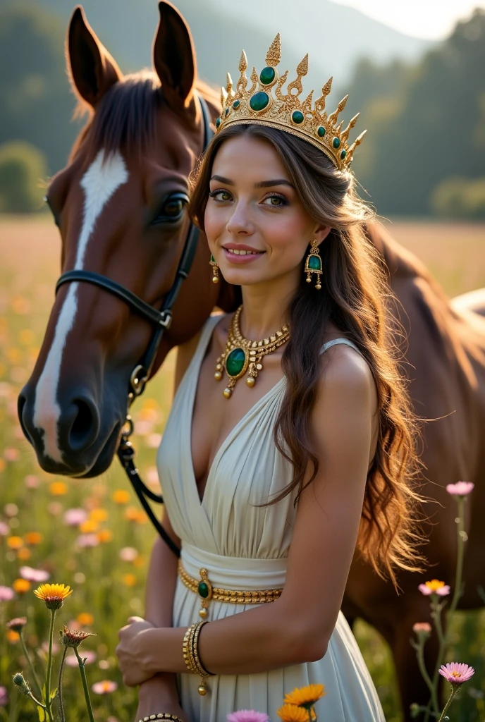 1 beautiful queen woman, long hair ((upper body selfie, happy)) tiara, full breasts, silky skin, masterpiece, best quality, ultra-detailed, solo, outdoor taking selfie next to a white brick castle (well detailed, intricate details), with horses in the background (background accentuated depth of field), with grassy floor, flowers, butterflies, fireflies (night), (stars, moon) cheerful, happy, royal dress, contrast, clear sky, style, (warm hue, warm tone): 1.2), close-up, cinematic light, side lighting, ultra high resolution, best shadow, RAW, upper body.
