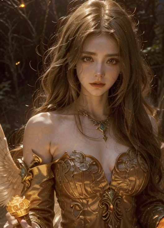 Side close-up(Golden antlers, Red-black cloak,Rouge overalls,water vapour,Rouge complexion,Fog jelly flat chest,Golden wire fish net knee brace space jump,extremely happy,He Xiaotong, (A half body), (Ultra photo realsisim:1.4), (Realistic:1.3), (up of the upper body:0.3), (best quality real texture skin), (Fine true circle Symmetrical eyes), (The beautiful face is beautifully drawn,) (A circle of divine light overhead:1.8), ((medieval world)), ((((black angel of the Lord, white angel of the Lord)))), ((Bust close-up portrait)), (Beautiful kind eyes), (She has a mischievous smile on her face), (The colorful eyes were full of sympathy), Shining majestic cloud masses and sky, (halo optical phenomenon), (Angels dancing in the background), (Dramaticlight), (A majestic sight), (Her expression was calm and full of tenderness,Tremendously beautiful), ((Huge wings,There are pure orange feathers behind the shoulders)), (((Folded wings))), Ring in the nose, (((Dramatic photo))), (Twilight), (Sunset), (Dusk), (Divine pose), (Golden hair),(Maroon hair), short detailed hair, ((head looking up)), ((Looking down)), ((Half-body close-up)), (Around her neck hangs a finely crafted patina necklace), Old ruins infested with plants, Close-up of the side of the half, (Luminous magic circle), Ancient Castle Site, Deserted ruins, crumbling ruins, Ancient ruins with clear water, holy rays, epic realistic, ((com cores neutras)), (hdr:1.5), (pastel colour:1.2), ultra - detailed, Cinematic, warm lights, Dramaticlight, (Intricate details:1.1), the complex background,32K(tmasterpiece,k hd,hyper HD,32K)Long flowing black hair,Haizhou people