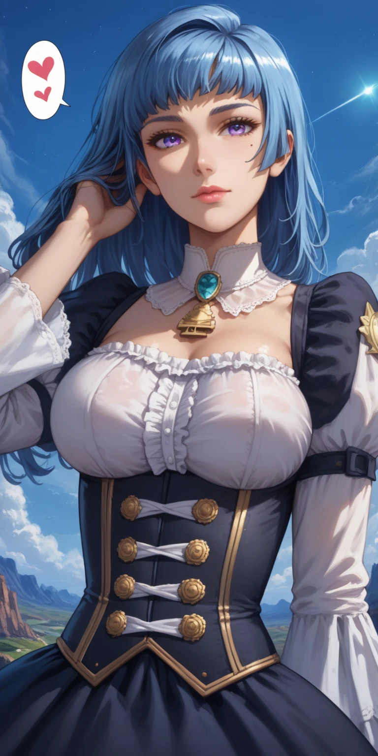 1girls, Delicate and beautiful face, get  blush, Blue pupil，blue hairs，long hair flowing，Angry, Parting lips, Busty chest，Convex buttocks，White military uniform, White military cap，White lace-up over-the-knee boots，perfectly proportioned, Detailed clothing details, Magic Array，magic world，Cinematic lighting, filmgrain, Fujicolor, Contrast of light and shade, 8K, Masterpiece, Textured skin, Super detail, hight detail, High quality, high resolusion,