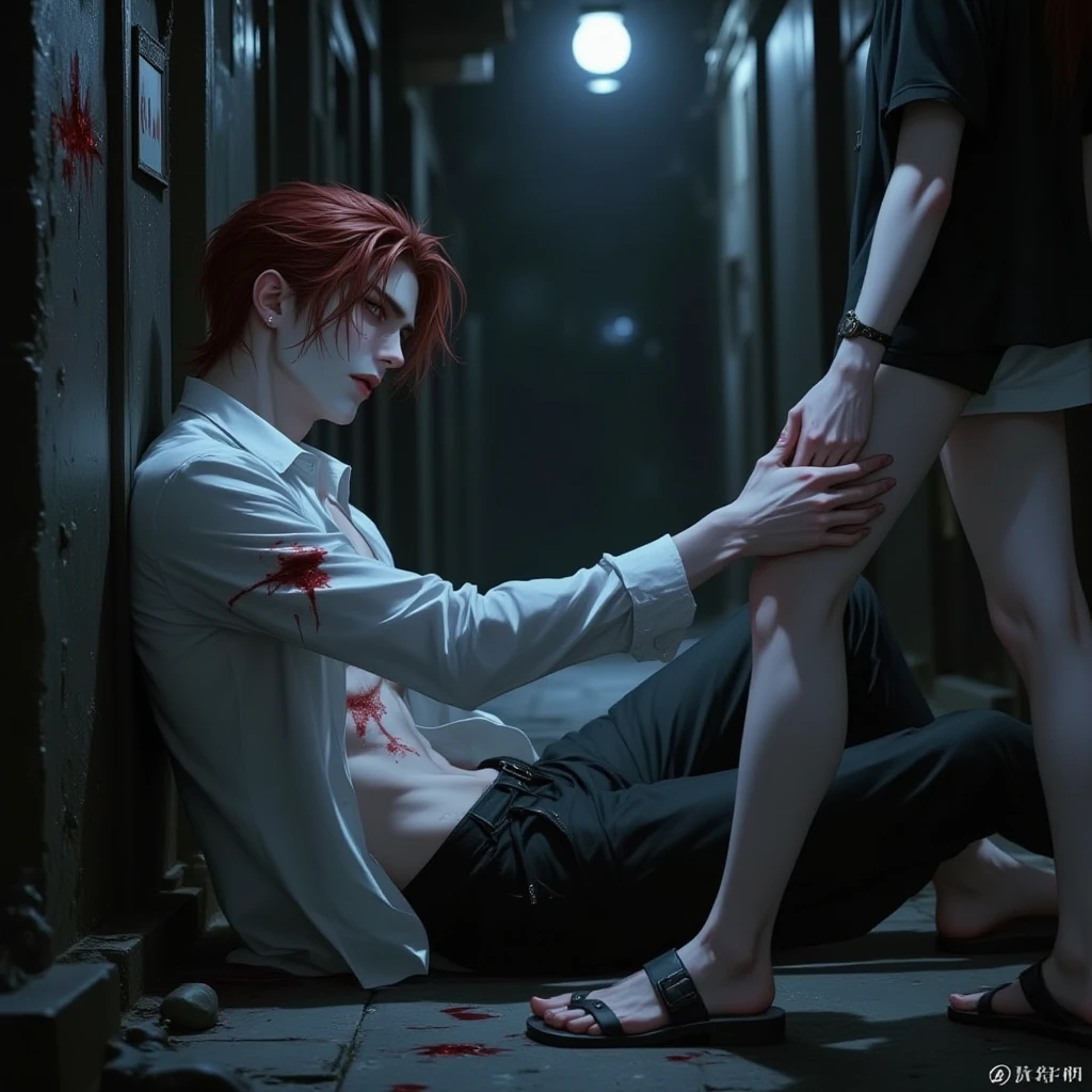 School boy 19 years dead on the ground accident, escola, a lot of blood on the floor, dark, noite, estilo jogo de terror, View from above, 8k, maximum detailed, alta qualidade