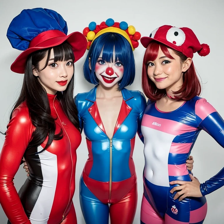 Three clown girls clowning Rubber Suit hair color: blue(1.1) Japanese Red and blue clown suit Two-pronged clown hat Clown makeup