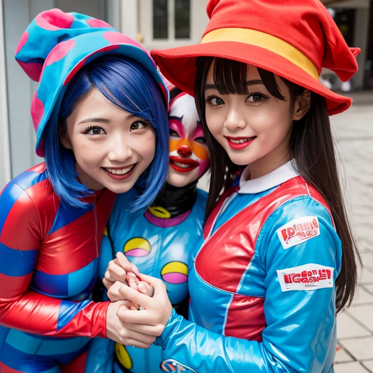 Three clown girls clowning Rubber Suit hair color: blue(1.1) Japanese Red and blue clown suit Two-pronged clown hat Clown makeup