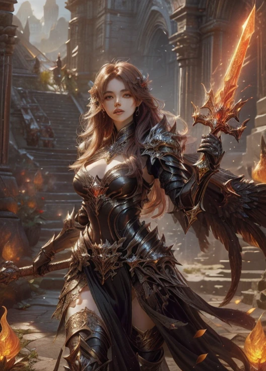 (best quality,4k,8k,highres,masterpiece:1.2),ultra-detailed, 1woman, Irish goddess Brigid, Auburn hair, Iron armor over druid robes, forging a sword, determined eyes, drawn in the style of Yoshitaka Amano, sks woman, HDR, 8k, absurdres, cinestill 800, sharp focus, add_detail:3