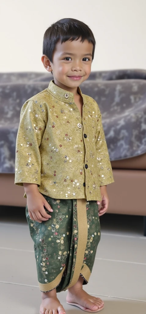Make a philippine flag inspired white long sleeve barong design with details of the parts of flag with a touch of blue and blue colors and yellow stars and sun in the different parts of the barong make it like the national costume of philippines. It is worn for a boy age