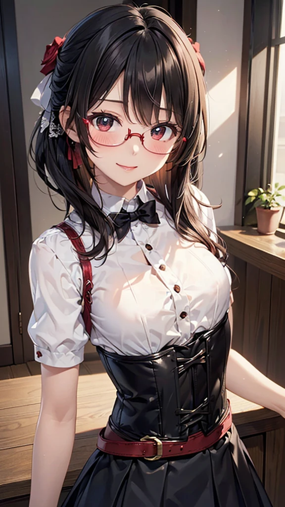 18 yeas old, girl, brown hair, ponytail, slim, big tits, narrow red eyes, cute, cat ears, glasses, 
(embarrassed,  blush:1.4), (ecstasy:1), (think:1.8), (grin:1.5), (sweat:0.9), police uniform, See-through, ribbon, fishnet, garter belt, frills, Kneesocks, high heels, rose, headdress, 
handcuffs, wallet chain, frontal, standing, centet of attention, central park, many people
