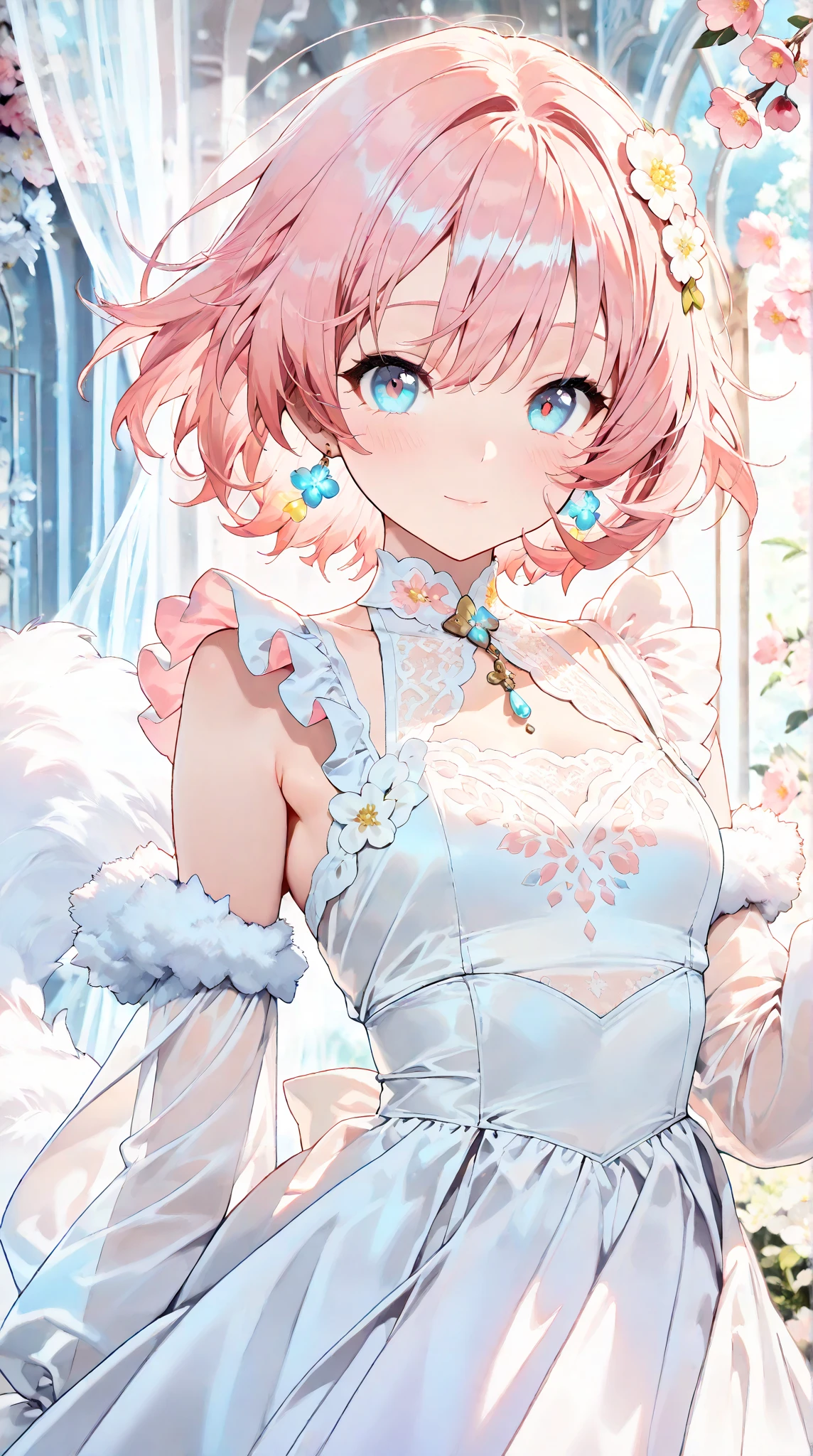 (A beautiful anime girl with short, vibrant pink hair and captivating blue eyes, sitting gracefully. She is wearing lingerie, radiating elegance and charm. Her smile brightens up the room, complementing her fair and flawless complexion.)