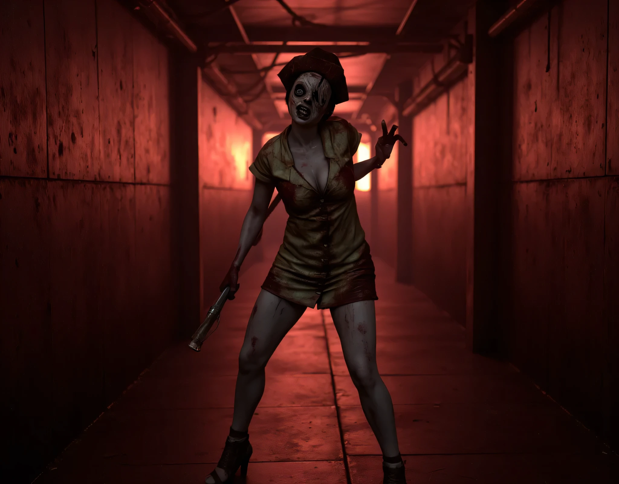 **Prompt:** Create a hyperrealistic digital artwork depicting a chilling nightmarish vision inside a dark, rust-covered iron corridor. The focal point of the composition features a zombie-like curvy female nurse, her blood-stained uniform tattered and haunting, as she haunts stood menancingly in the middle of rusty corridor holding an iron rusty pipe that glints ominously in the subdued low-key light. Employ a wide panoramic camera angle to accentuate the oppressive atmosphere, showcasing intricate textures and details, evoking the unsettling vibe of the Silent Hill and 'jacob's ladder' universe. Use harsh reddish vibe that casts menacing shadows, enhancing the horror aesthetic with stark contrasts against the rusty backdrop. The final render should utilize octane 3D techniques to achieve a breathtaking level of detail and depth of field, achieving a RAW photographic quality that encapsulates both the terror and unsettling beauty of this macabre moment. Let the scene pull viewers deeper into its surreal and horrifying ambiance.