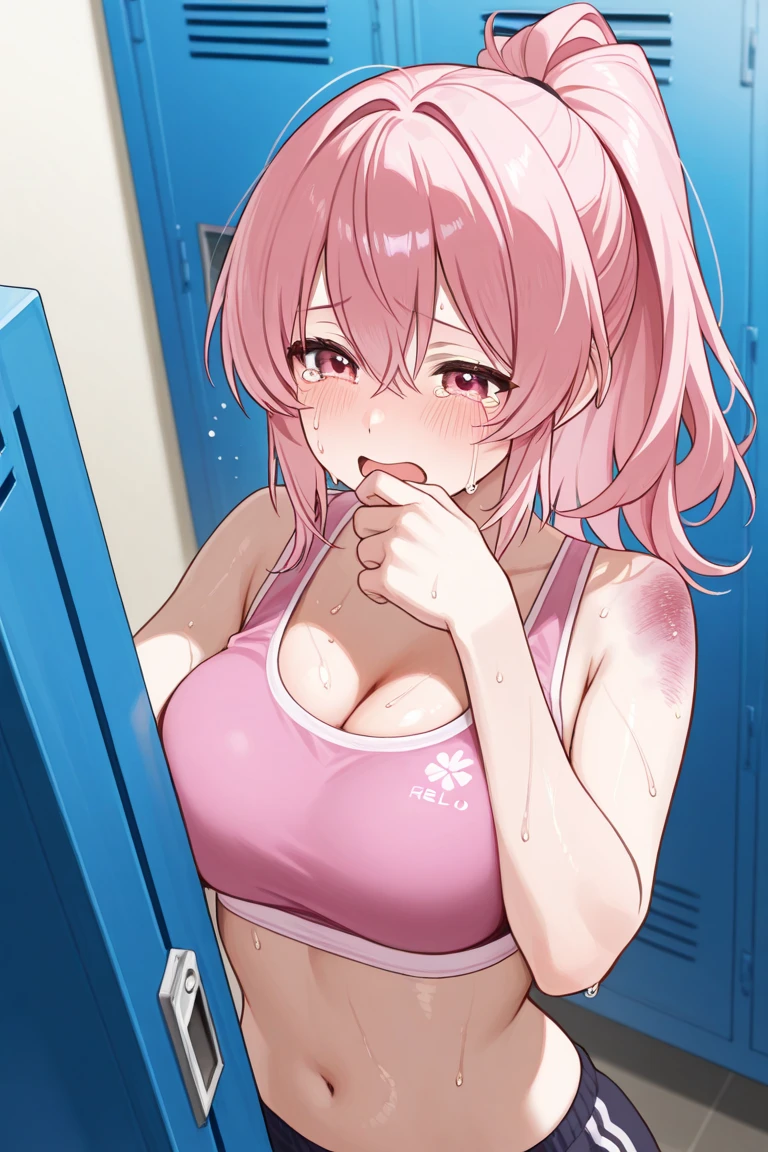 (8K, top-quality, masterpiece:1,2), (reallistic, Photorealsitic:1.37), Super Detail, One girl,), (Highly detailed), (beautifully detailed eyes), (of the highest quality), (super detailed ), (masterpiece), (Detailed face),20yr old, ,1 girl, ((pink hair,long hair)), medium breasts, clothed, Perfect Lighting, BREAK, (navy blue:1.2), (pink trim:1.2), (anchor pattern:1.2), (spandex:1.2), (glossy school swimsuit:1.5), (plunging neckline:1.5),( very glossy:1.2), (high-cut legs:1.5), (bodycon:1.3), (ribbon detail:1.2), (no socks:1.1), (navy heels:1.1), (gold jewelry:1.1), BRAKE, (face:1.2), (long pink hair:1.2), (wavy hair:1.1), (from above:1.3), (alluring smile:1.3), (downcast eyes:1.2), (seiza:1.2), (soft lighting:1.2), (pink gradient background:1.1), BRAKE (sweat:1.5), (steam:1.2), (girl trembling with sexual climax:1.1), (Open mouth wide and stick out tongue:1.5),