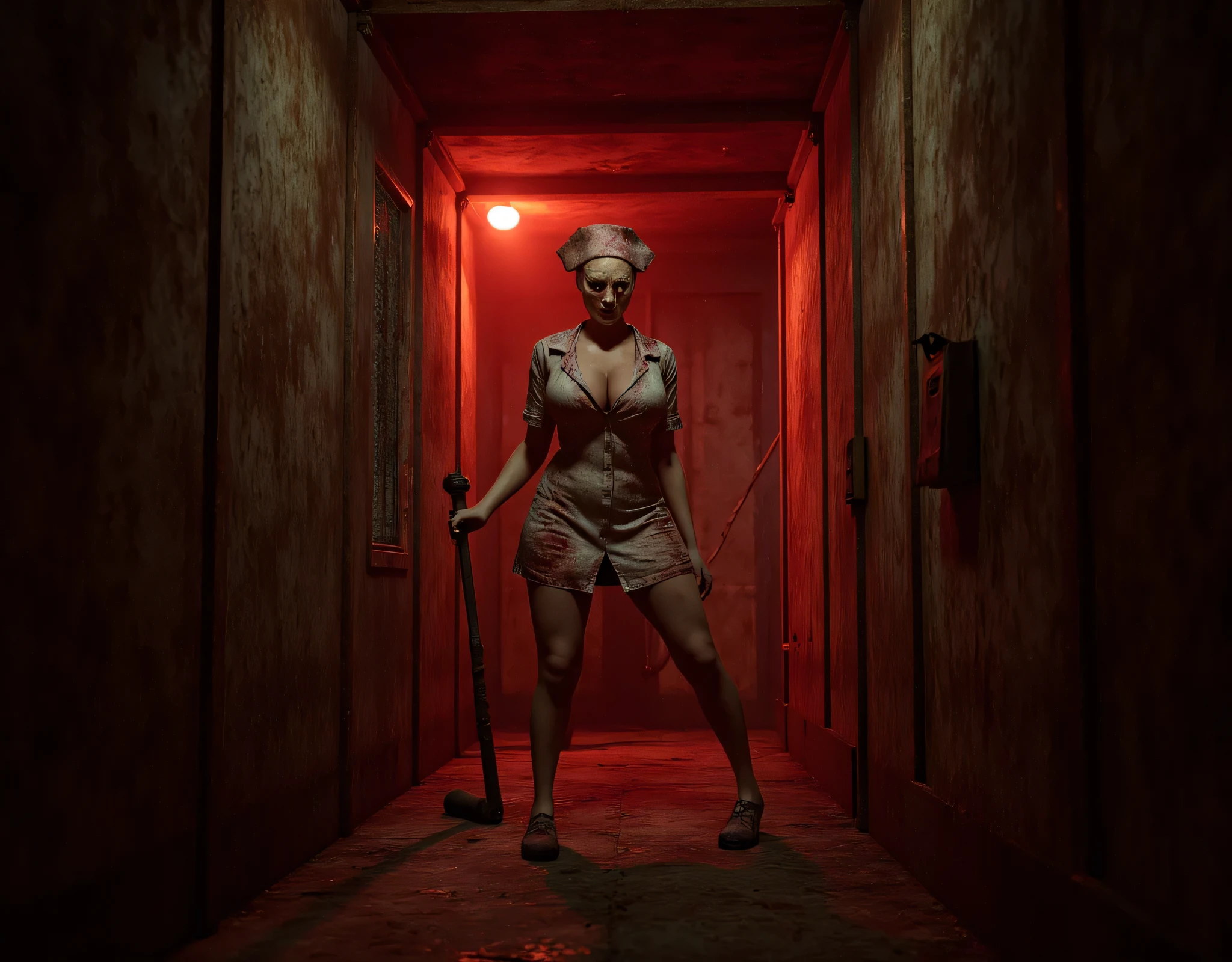 **Prompt:** Create a hyperrealistic digital artwork depicting a chilling nightmarish vision inside a dark, rust-covered iron corridor. The focal point of the composition features a zombie-like curvy female nurse, her blood-stained uniform tattered and haunting, as she stands eerie in the middle of rusty corridor holding an iron rusty pipe that glints ominously in the subdued light. Employ a wide panoramic camera angle to accentuate the oppressive atmosphere, showcasing intricate textures and details, evoking the unsettling vibe of the Silent Hill and 'jacob's ladder' universe. Use harsh reddish vibe that casts menacing shadows, enhancing the horror aesthetic with stark contrasts against the rusty backdrop. The final render should utilize octane 3D techniques to achieve a breathtaking level of detail and depth of field, achieving a RAW photographic quality that encapsulates both the terror and unsettling beauty of this macabre moment. Let the scene pull viewers deeper into its surreal and horrifying ambiance.