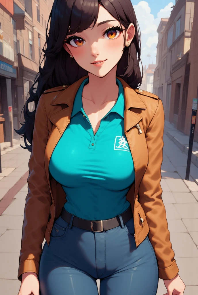 Women's tan leather , with turquoise polo, Blue jeans, black hair, ojos marrones, flirty smile 