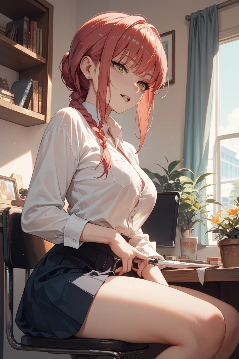 ((((Obra maestra, La mejor calidad, ultrahigh resolution)))), perfect anatomy, a woman with bred hair sitting on a window ledge naked and bent over, 1girl, solo, makima (chainsaw man), breasts, pantyhose, shirt, looking at viewer, red hair, sitting, open clothes, collared shirt, open shirt, smile, braided ponytail