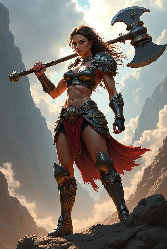 a sexy woman in armor standing on a rocky hill, bikini armor female knight, fantasy woman, fantasy warrior, by Yang J, very beautiful female barbarian, warrior girl, beautiful female warrior, female warrior, style of raymond swanland, tyler edlin fantasy art, a very beautiful berserker woman, artgerm julie bell beeple, wojtek fus